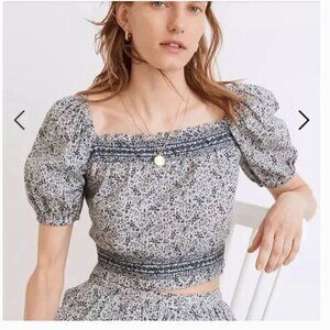 Madewell Blue Jeanette Crop Peasant Top Florentine Floral Size Small